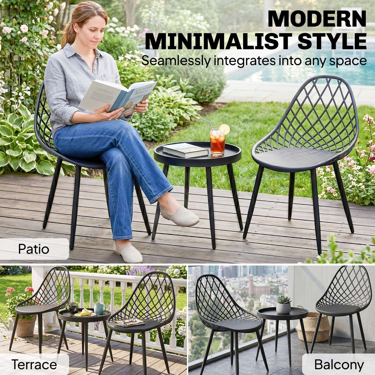 3-Piece Outdoor Bistro Set | 2 Chairs & Round Table | PP Mesh Backrest | Reinforced X-Frame | Anti-Rust Metal Legs | Adjustable Footpads | 120kg Chair Capacity | Garden & Balcony | Black