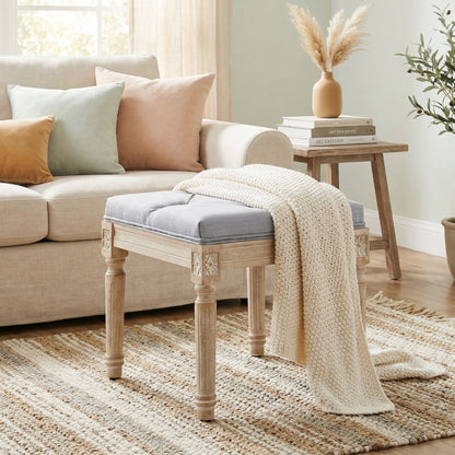 Vintage Retro Style Foot Stool, Tufted Square Footrest with Wood Legs, Light Grey