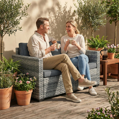 2-Seater PE Rattan Garden Sofa | 60cm Deep Seat | 8cm Seat & 15cm Back Cushions | Wide Armrests | Powder-Coated Steel Frame | Adjustable Foot Pads | 240kg Capacity | 128x68x71cm | Mixed Grey