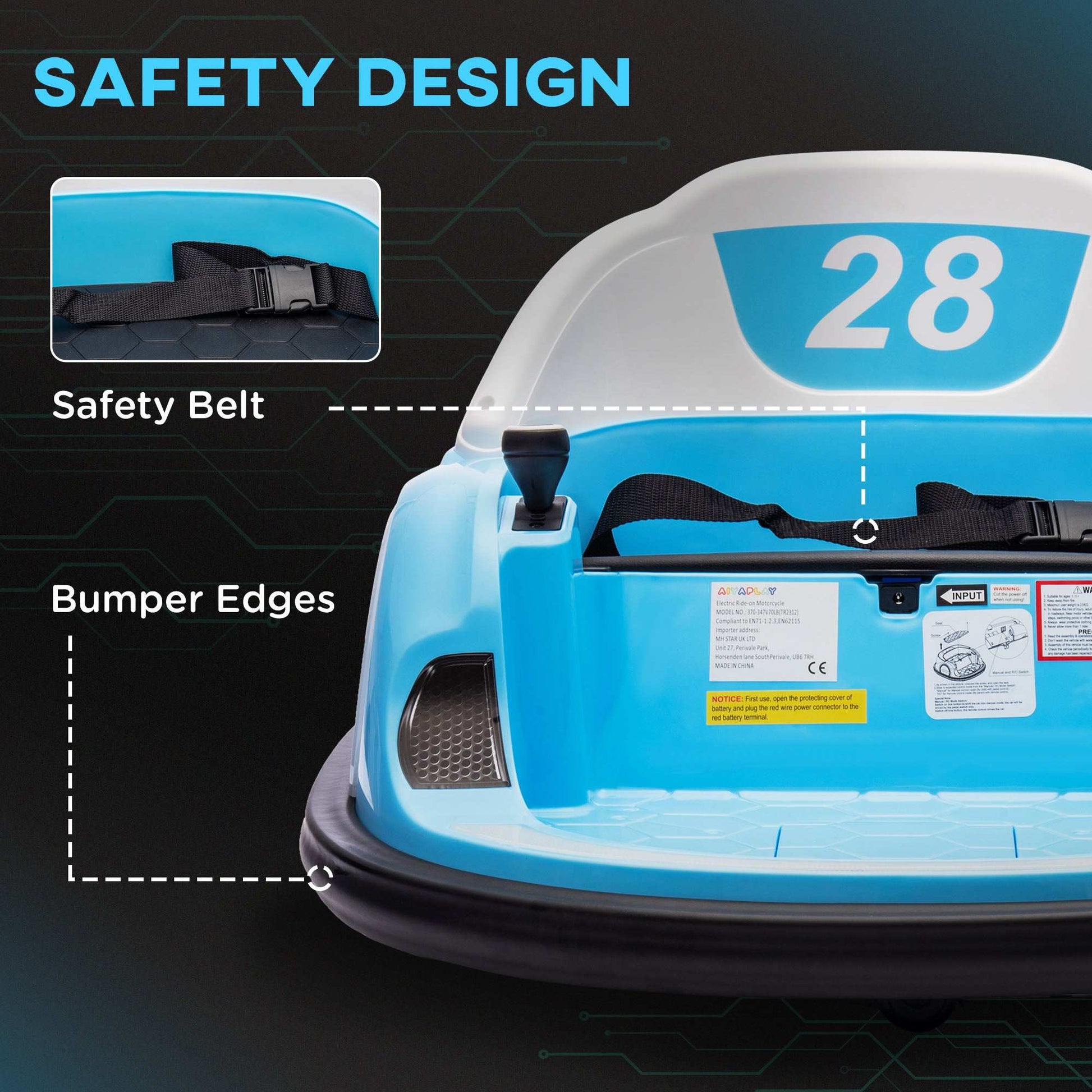 AIYAPLAY 360° Rotation Kids Bumper Car, 12V Waltzer Car with Remote Control, Dual Joysticks, Music Lights