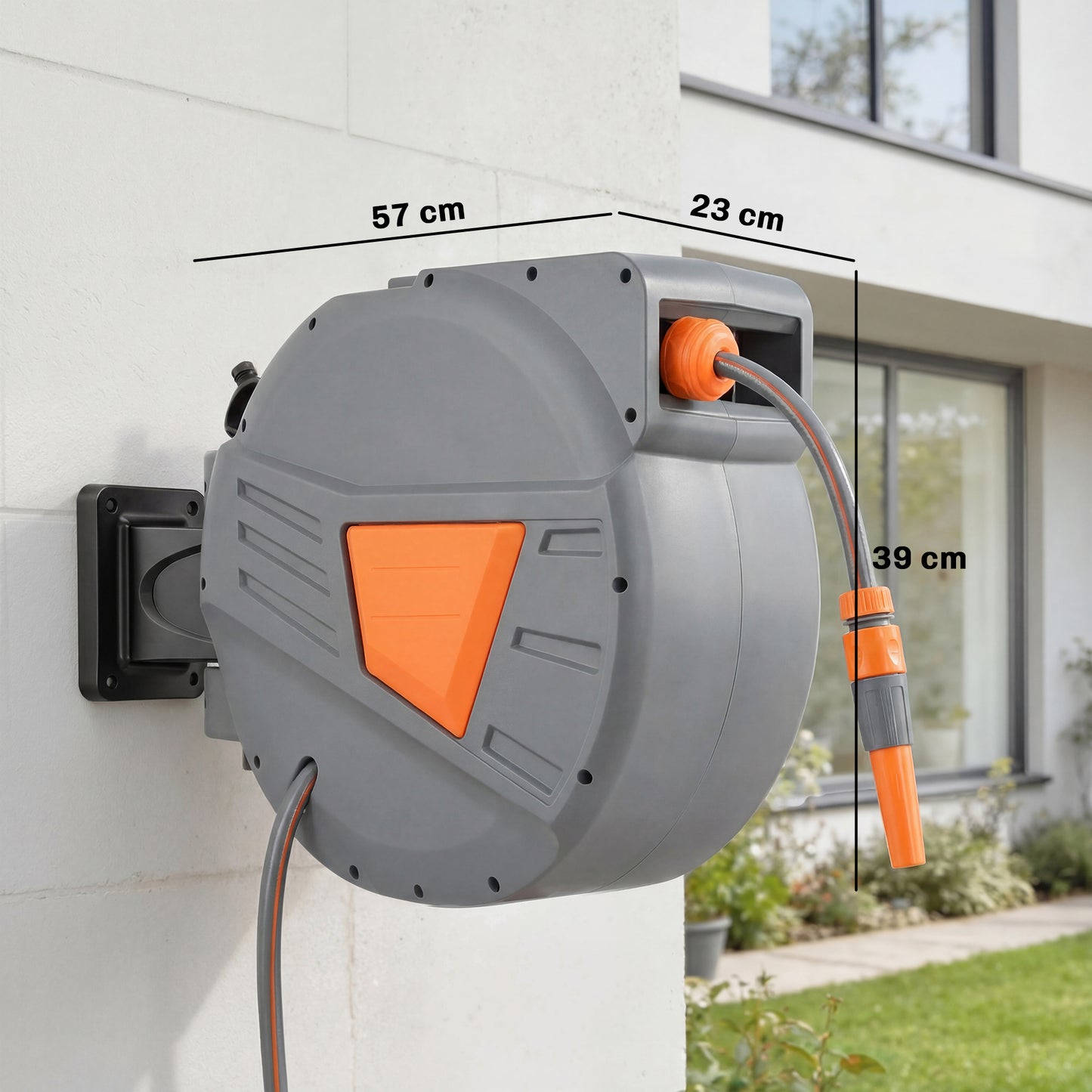 Wall Mounted Retractable Garden Hose Reel | 30+2m | Auto Retract & Self-Locking | 180° Swivel Bracket | Dual Spray Modes | 8 Bar Working Pressure | 57x23x39cm | Orange