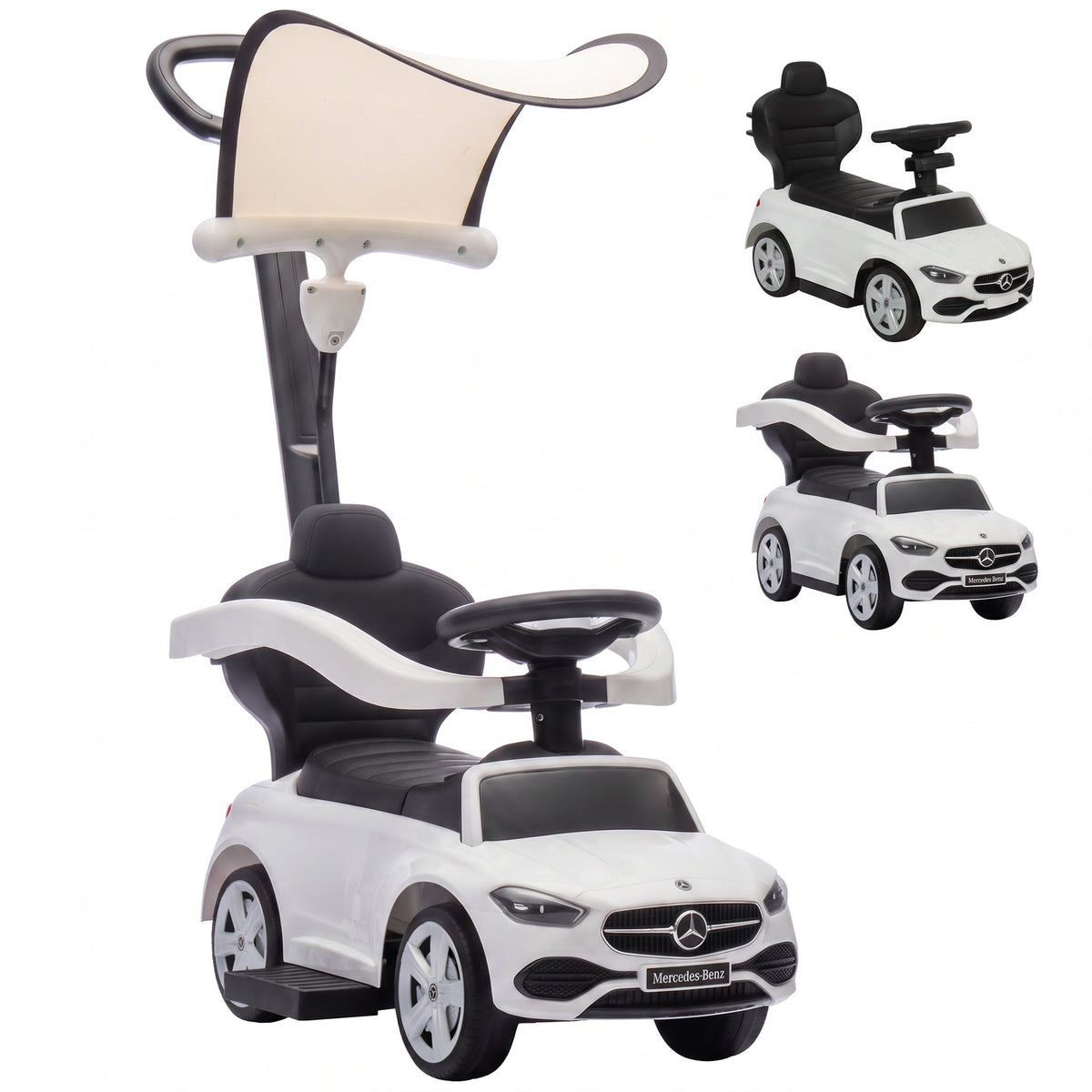 Mercedes Licensed 3-in-1 Kids Ride-On Push Car | Canopy | Guardrails | Steering Wheel Horn & Music | Under-Seat Storage | PP & Steel | 25kg | Ages 12-36 Months | 83x40x90cm | Pink / White / Black