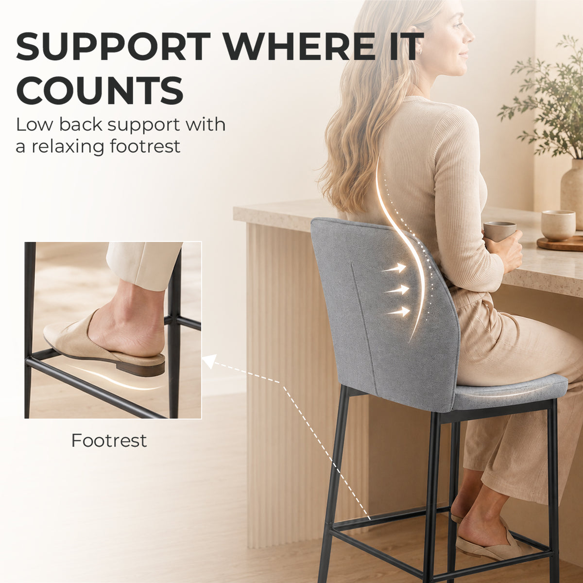 Set of 2 Velvet Bar Stools | Grey | 41x52x97cm | 64cm Seat Height | Curved Backrest | Footrest | Powder-Coated Steel | Armless | Counter Height 89–99cm | 120kg | Kitchen Island Dining