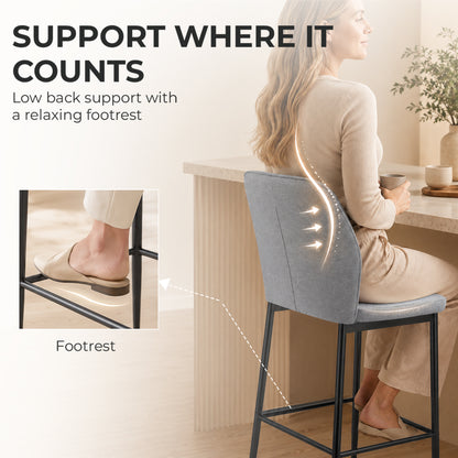 Set of 2 Velvet Bar Stools | Grey | 41x52x97cm | 64cm Seat Height | Curved Backrest | Footrest | Powder-Coated Steel | Armless | Counter Height 89–99cm | 120kg | Kitchen Island Dining