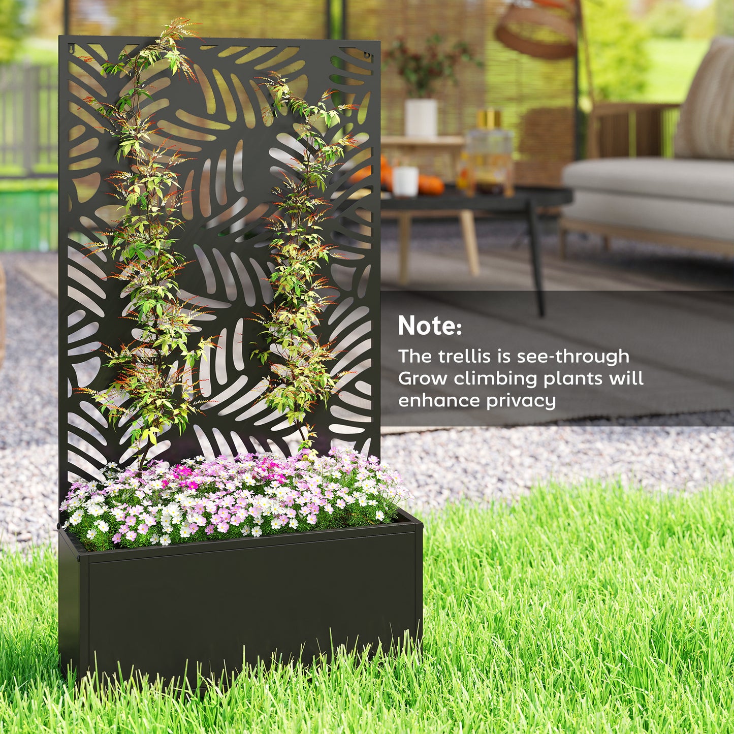 Metal Raised Planter with Monstera Leaf Trellis & Privacy Screen | Wall Mounted or Freestanding | 29L Soil | 50kg | Powder-Coated | 61x23x113cm | Climbing Plants | Black