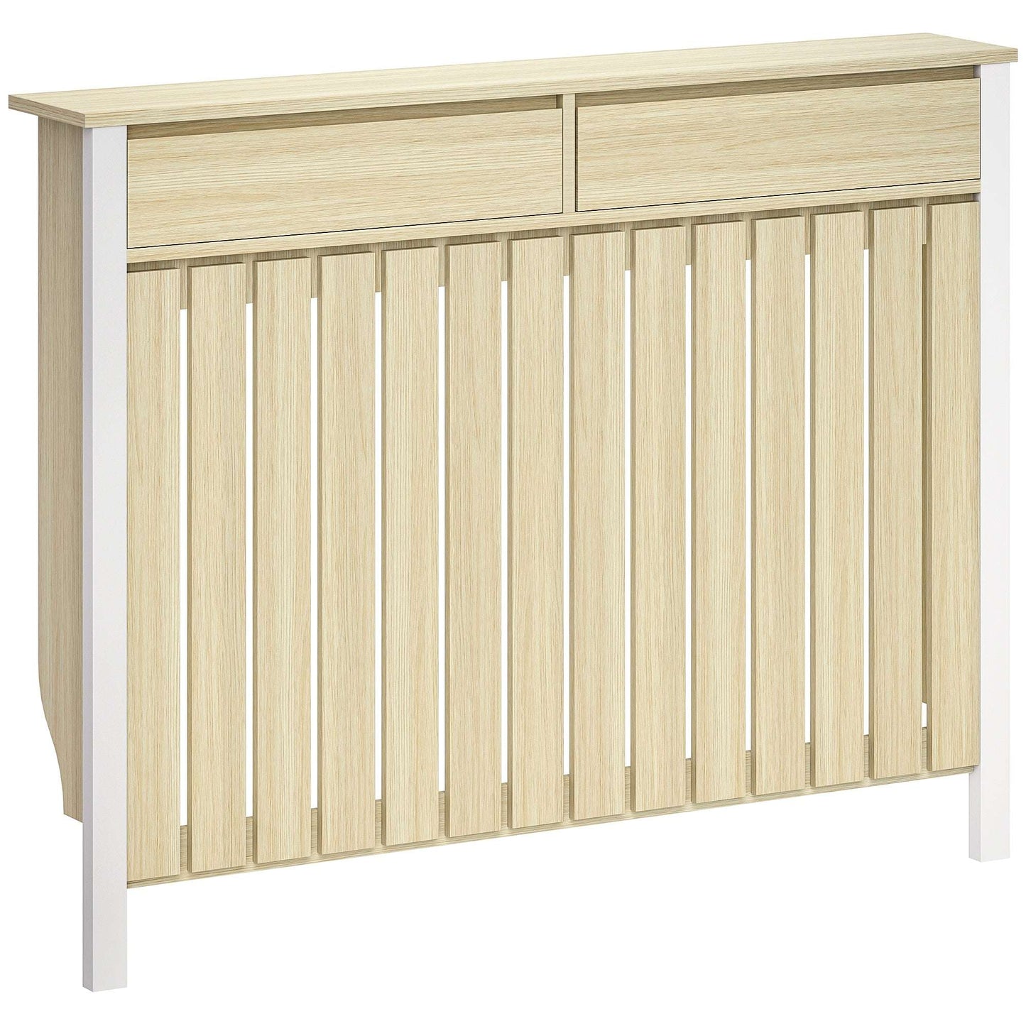 MDF & Particle Board Radiator Cover with 2 Drawers | Vertical Slats | Flat Top Display Surface | Wall Mountable | Pre-Cut Outs | 18kg Capacity | 119x19x93cm | Oak & White