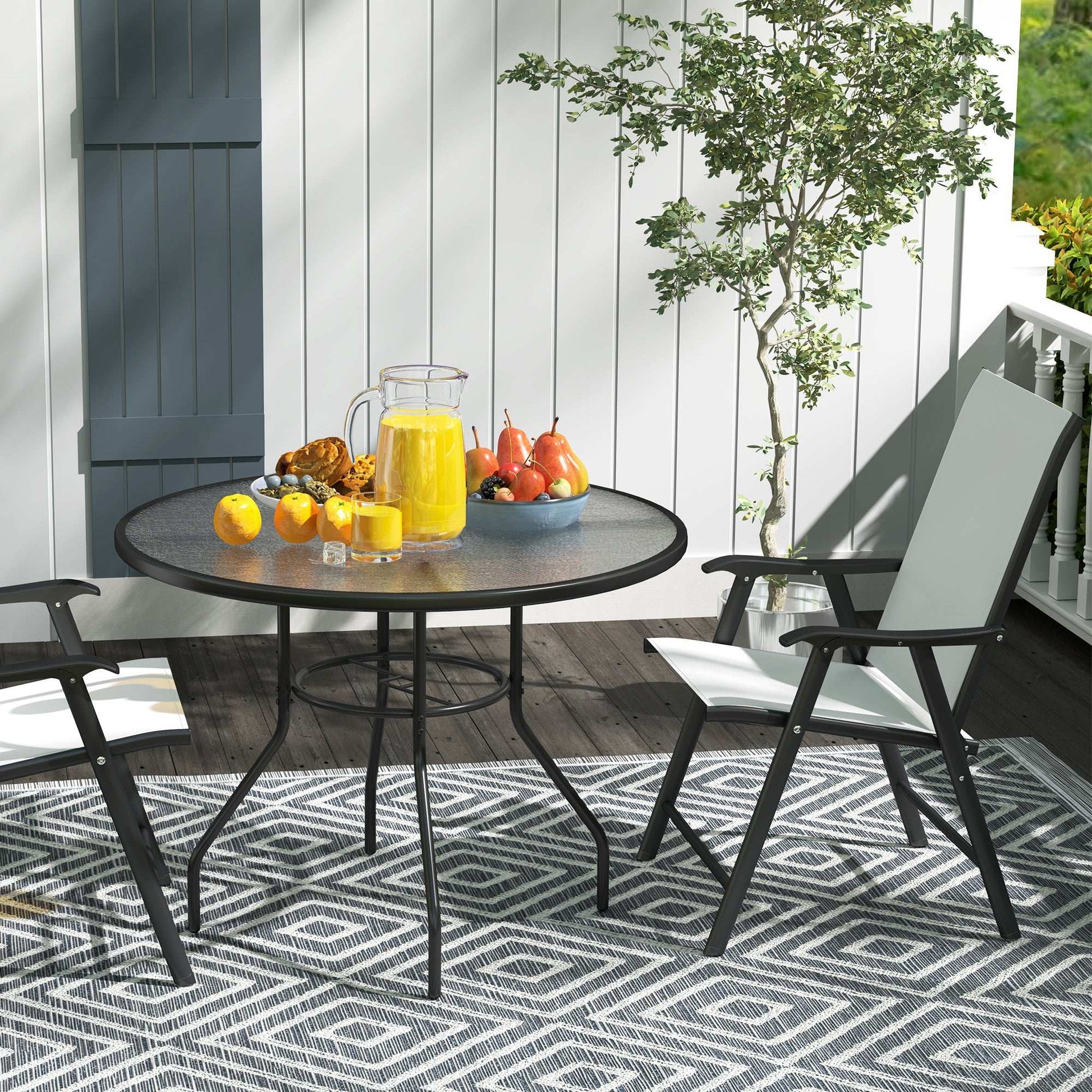 Outsunny 100 cm Round Dining Table with Parasol Hole, Outdoor Tempered Glass Top, Steel Frame for Garden, Black