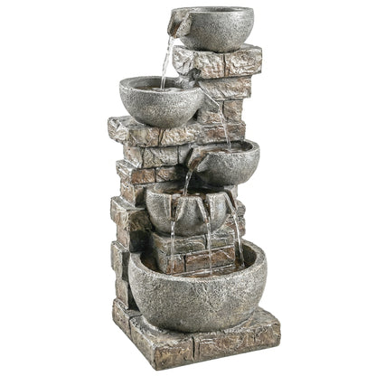 5-Tier Stacked Rock Resin Waterfall Fountain | 24 Warm LED Lights | Hand-Painted Natural Stone Finish | IP44 Adapter | 10W Pump | 230V | 3m Cable | 34x36x80cm | Garden & Patio | Mixed