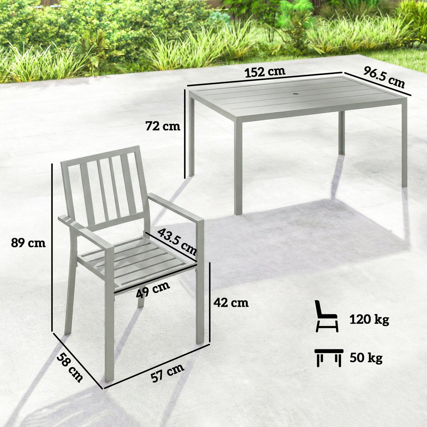 7-Piece Garden Dining Set | 152cm Table with Umbrella Hole | 6 Stackable Armchairs | Galvanised Steel | 120kg Per Chair | Seats 6 | 152 x 96.5 x 72cm | Light Grey