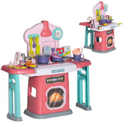Toy Kitchen, 45 Pieces Kids Kitchen with Rotating Side Tables, Toddler Pretend Role Play W/ Light, Sounds, Spray Effect for Children 3-6 Years, Pink