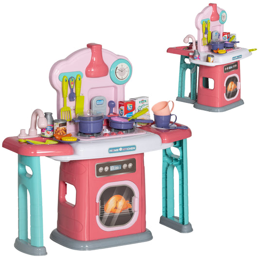 Toy Kitchen, 45 Pieces Kids Kitchen with Rotating Side Tables, Toddler Pretend Role Play W/ Light, Sounds, Spray Effect for Children 3-6 Years, Pink