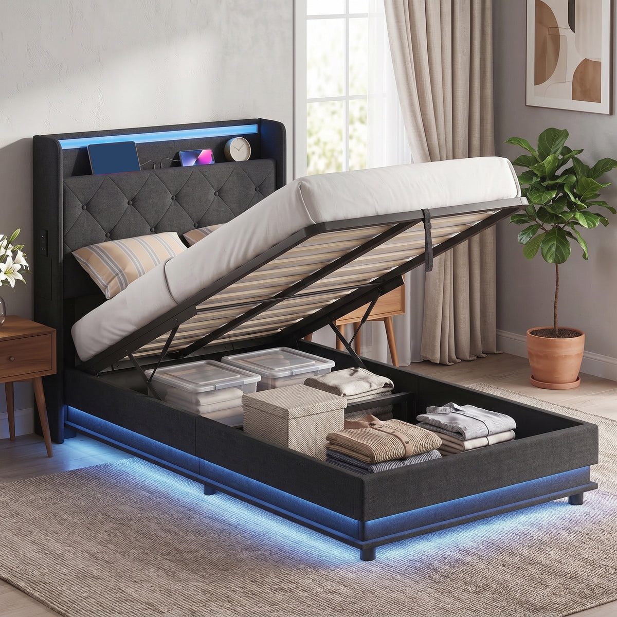 3ft Single Ottoman Bed Frame | Hydraulic Storage, RGB LED Headboard Lights & USB Charging | Black or Cream White