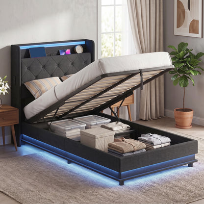 3ft Single Ottoman Bed Frame | Hydraulic Storage, RGB LED Headboard Lights & USB Charging | Black or Cream White