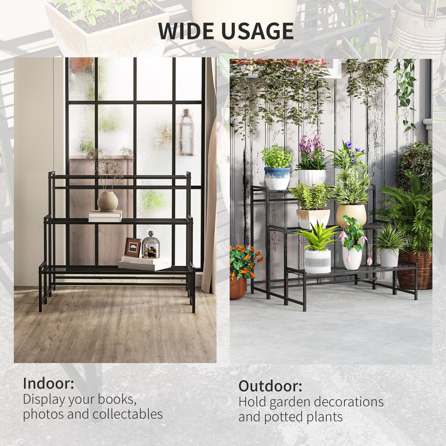 3-Tier Metal Plant Stand, Modern Ladder Shelf Flower Pot Holder for Indoor Outdoor, Display Shelf Rack for Garden Patio Balcony, Black