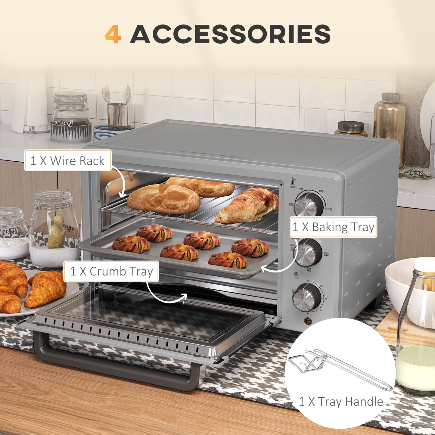 21L Mini Countertop Oven, 100°C-230°C Adjustable Temp - Silver Tone