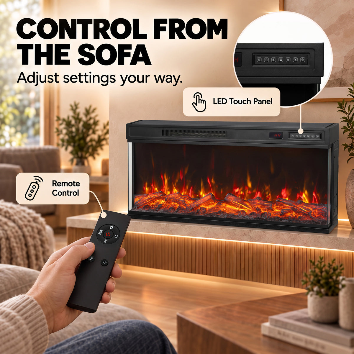 102cm Three-Sided Electric Fireplace Insert | Recessed, Cabinet-Fitted or Freestanding | 900/1800W, 12 Colours, Remote & Weekly Timer | Black