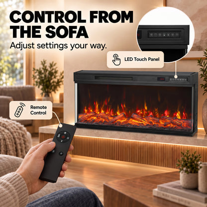 102cm Three-Sided Electric Fireplace Insert | Recessed, Cabinet-Fitted or Freestanding | 900/1800W, 12 Colours, Remote & Weekly Timer | Black