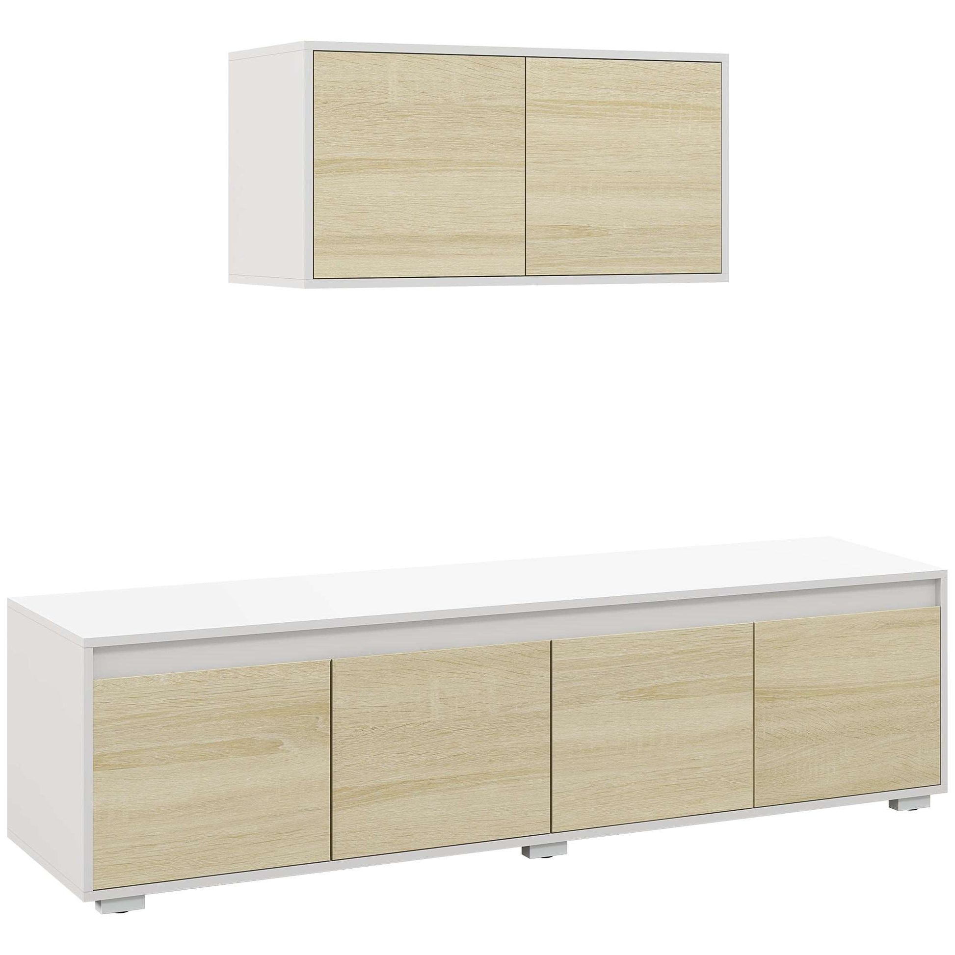 2 Pieces TV Unit Set with Wall Cabinet, Freestanding Unit for 70-inch TVs, Wall Mounted Storage Cupboard, with Adjustable shelves
