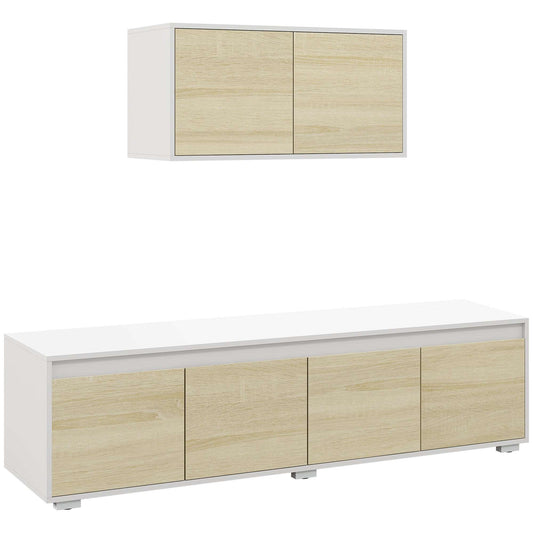 2 Pieces TV Unit Set with Wall Cabinet, Freestanding Unit for 70-inch TVs, Wall Mounted Storage Cupboard, with Adjustable shelves