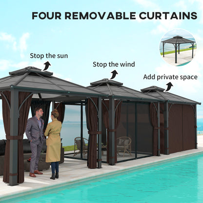 3 x 3(m) Hardtop Gazebo Canopy with 7mm Double Polycarbonate Roof, Garden Permanent Pavilion with Mosquito Netting, Brown