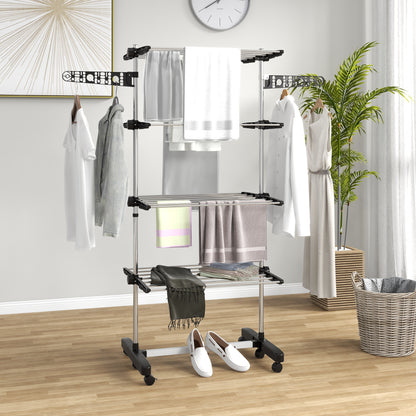 Shelf Collapsing Clothes Horse, With Side Arms and Wheels - Black