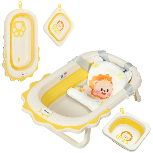 AIYAPLAY Foldable Baby Bath Tub Set with Bath Cushion, Wash Basin, Non-slip Stand & Bottom, Yellow