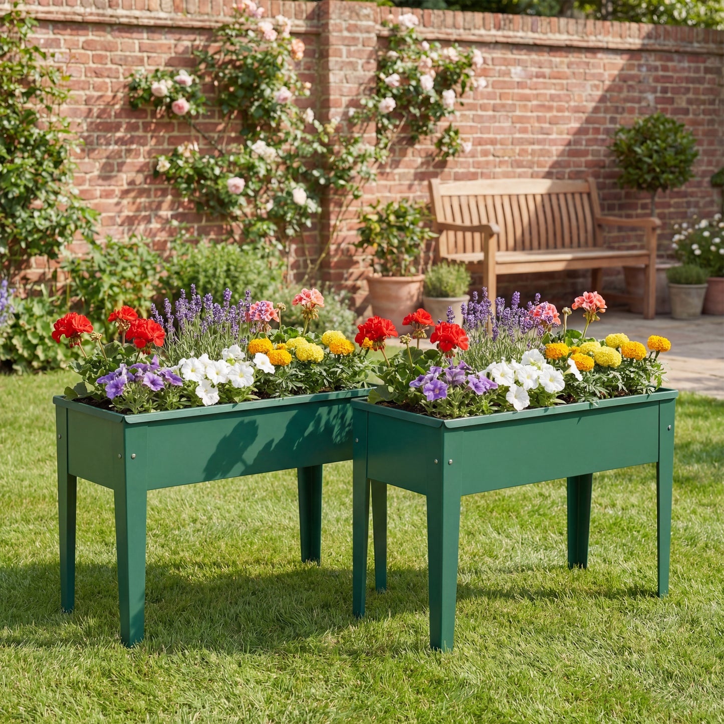 Metal Raised Garden Planter on Legs | Powder-Coated | Drainage Hole | Rubber Feet | 20kg Capacity | 20L Soil | Ideal for Balconies & Patios | 60x27x45cm | Green