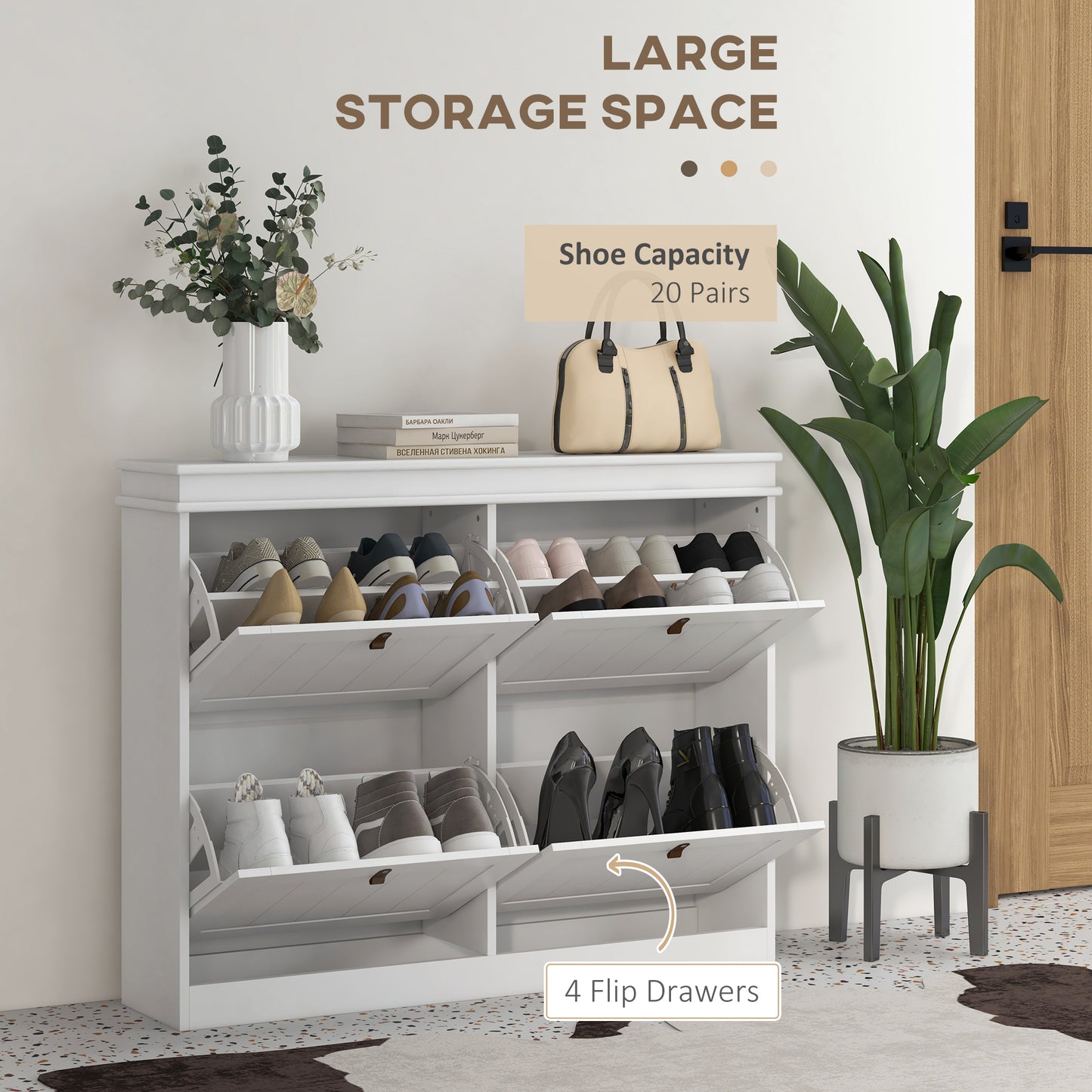 Slim Shoe Cabinet | 4 Drop-Down Doors | 16-20 Pairs | Adjustable Shelves | Anti-Tip | White | 105x24cm
