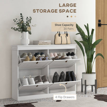 Slim Shoe Cabinet | 4 Drop-Down Doors | 16-20 Pairs | Adjustable Shelves | Anti-Tip | White | 105x24cm