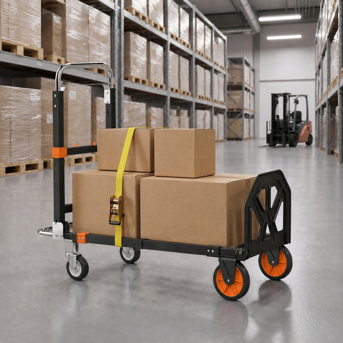 2-in-1 Folding Sack Truck & Platform Trolley | 220kg Flatbed / 120kg Upright | Extendable Frame & Telescopic Handle | Black & Orange
