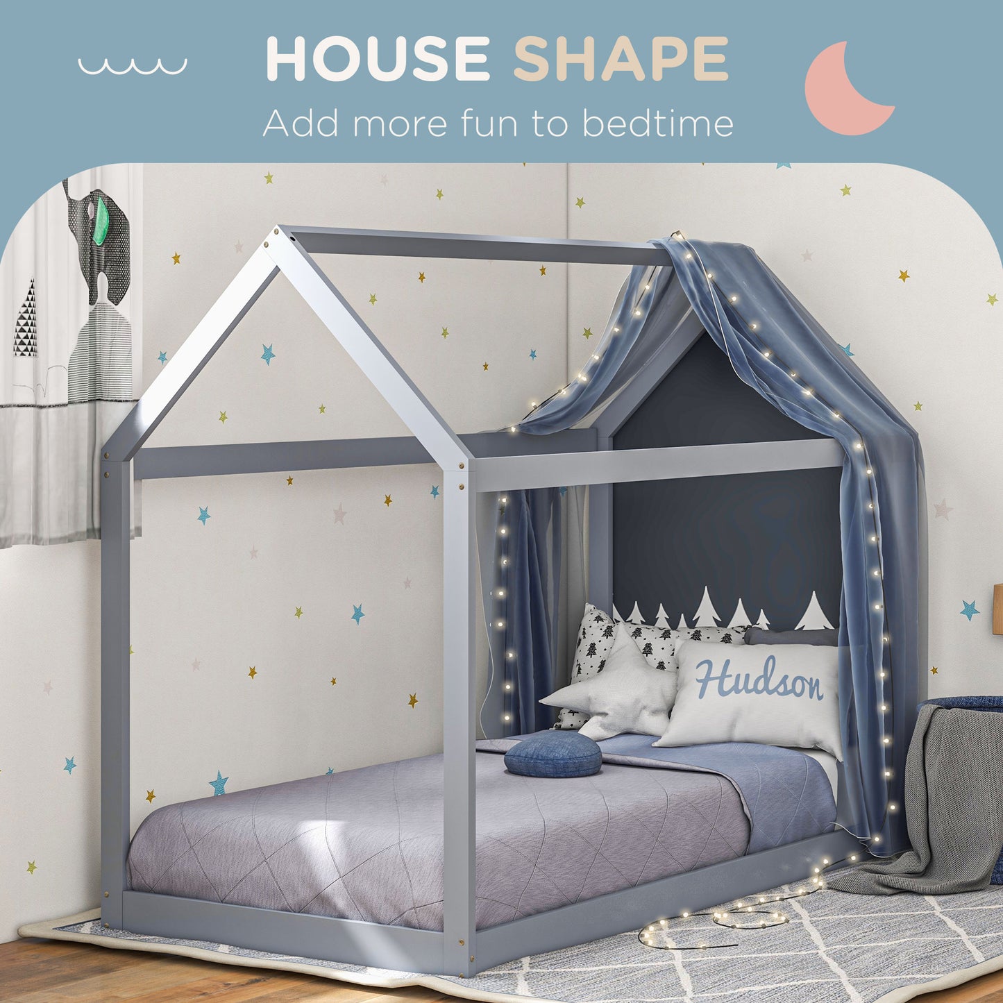 Single Bed Frame, House Scandinavian Style Wooden Bed Frame for 90W x 190Dcm Mattress, Pine Wood Bed Base