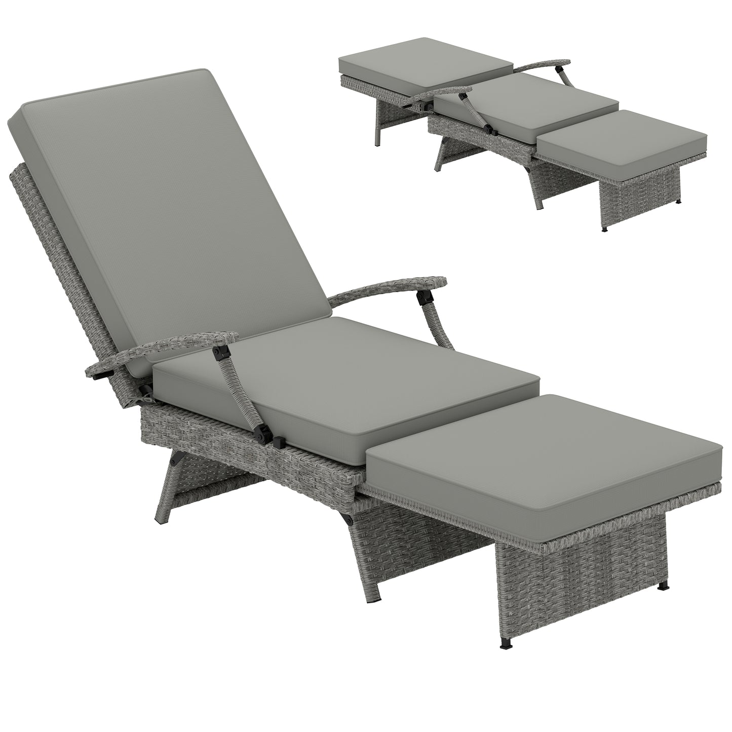Outsunny 80° Reclining Rattan Lounger - Grey / White Beige