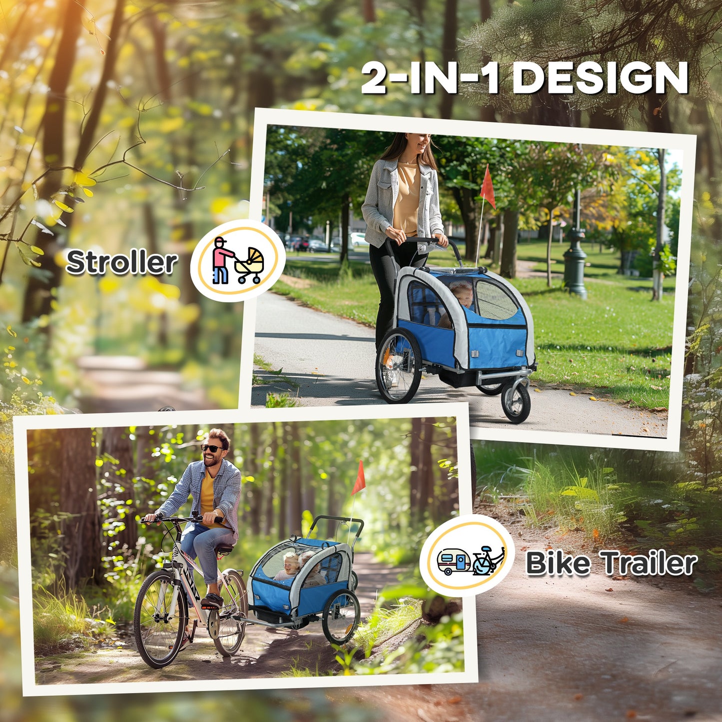 2 Seat Bike Trailer with 5 Point Harness, Baby Bike Stroller with Safety Flag, Reflectors, for 18+ Months