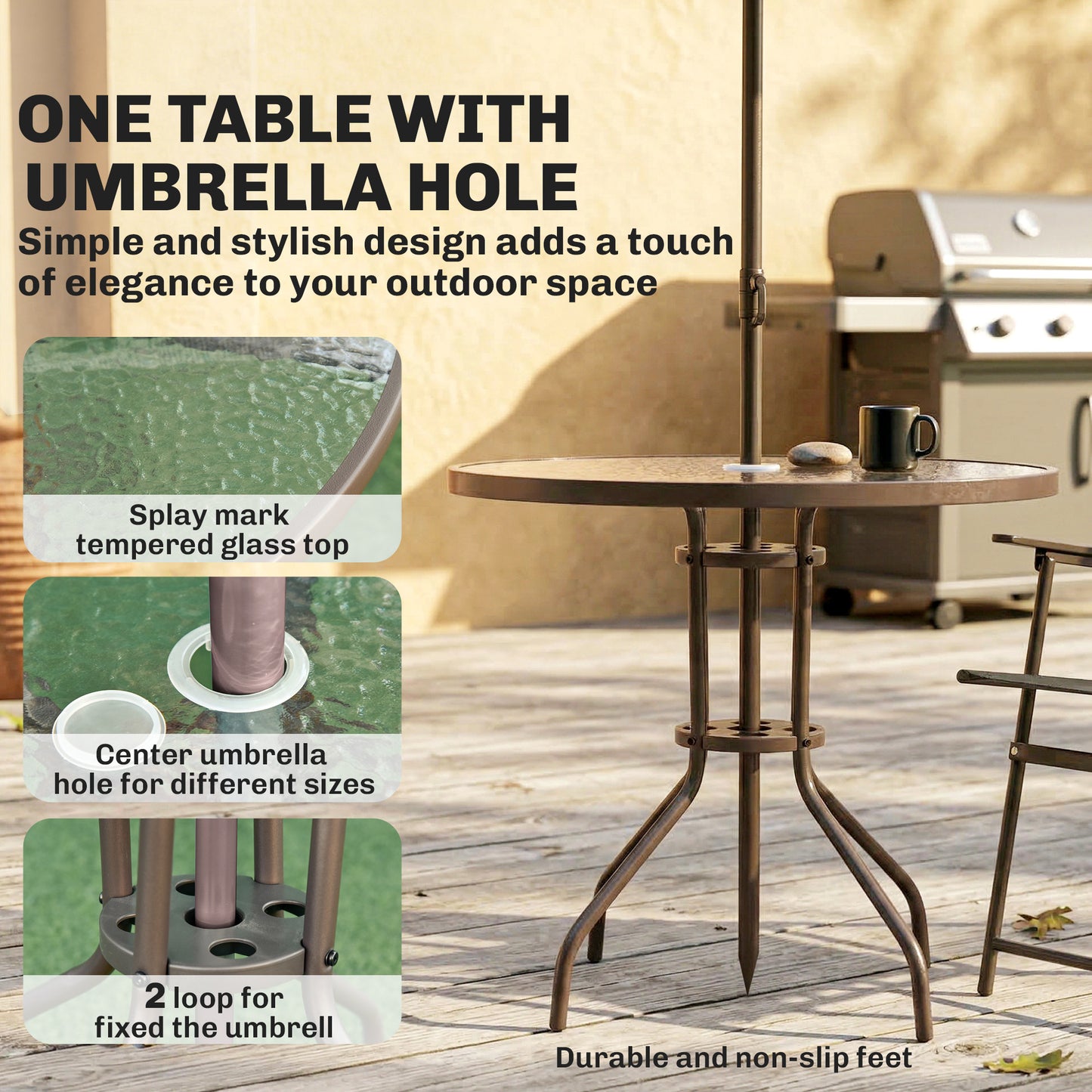 6-Piece Garden Dining Set with Parasol | 4 Folding Mesh Chairs | Glass Table | Ø170cm Parasol | Dark Grey