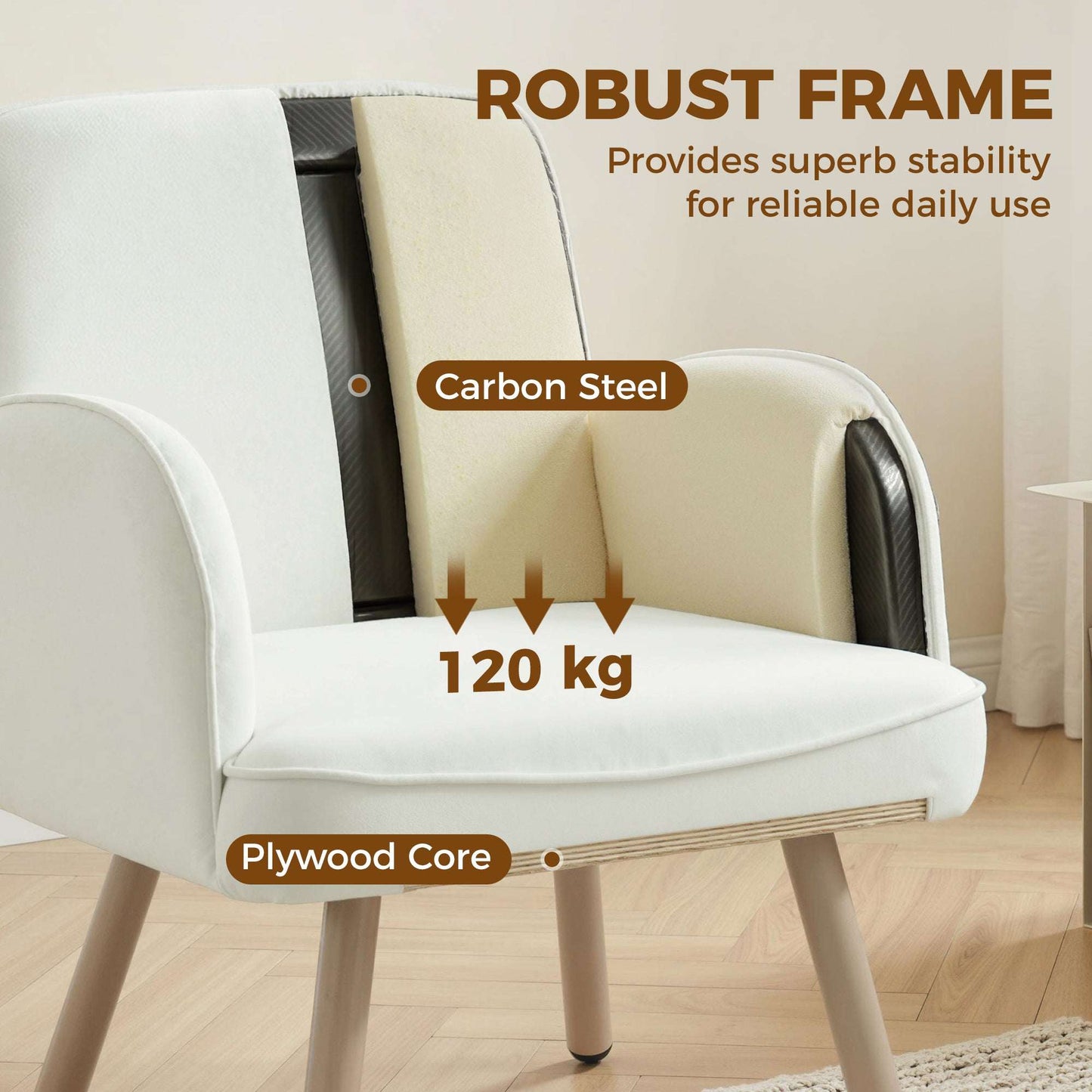 Velvet Upholstered Accent Armchair | 12.5cm Pocket Spring Seat | Carbon Steel Frame | Adjustable Feet | 120kg Capacity | 64x64x79.5cm | Cream