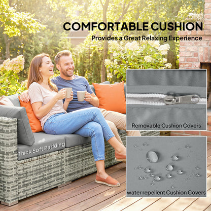 10-Piece PE Rattan Garden Furniture Set | 6 Chairs | 3 Footstools | Tempered Glass Dining Table | 10cm Zip Cushions | 4 Accent Pillows | L-Shaped Feet | 120kg Capacity | Grey & Dark Grey