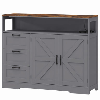 Farmhouse Sideboard with Built-In Charging Station | 2 AC Outlets USB USB-C | 3 Drawers | Adjustable Cabinet Shelf | Open Shelf | 120x35x95cm | 55kg | Melamine | TV Stand to 42in | Grey