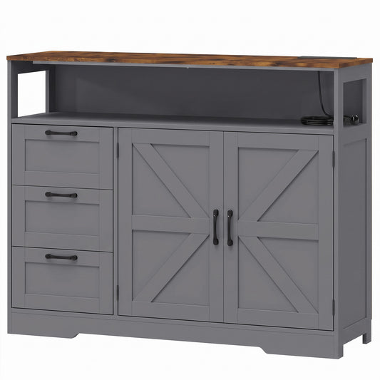 Farmhouse Sideboard with Built-In Charging Station | 2 AC Outlets USB USB-C | 3 Drawers | Adjustable Cabinet Shelf | Open Shelf | 120x35x95cm | 55kg | Melamine | TV Stand to 42in | Grey