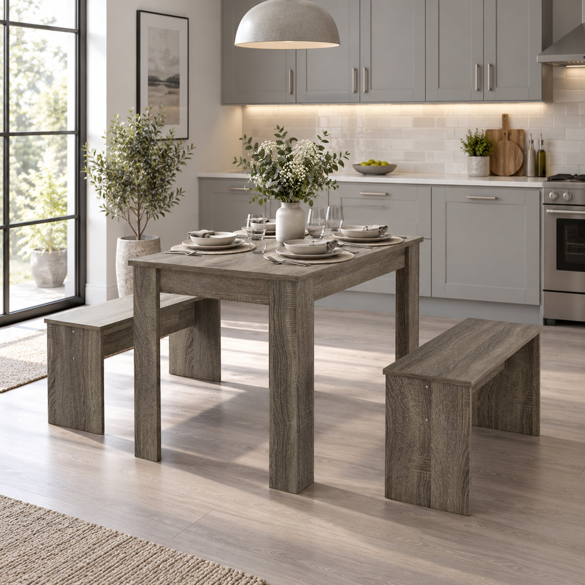 3 Piece Dining Table & 2 Bench Set | 110 x 70cm Table | Tuck-Under Seating for Up to 4 | Grey Wood Effect