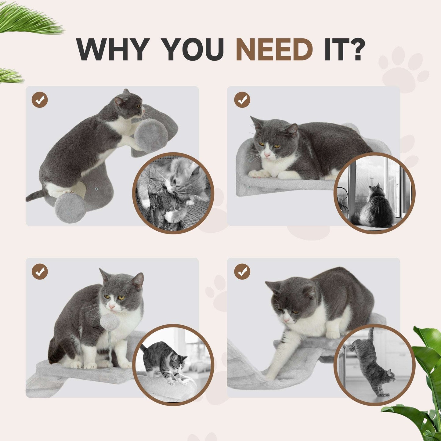 PawHut 4 Piece Cat Wall Shelves W/ Steps, Ladder, Jumping Platforms, Light Grey