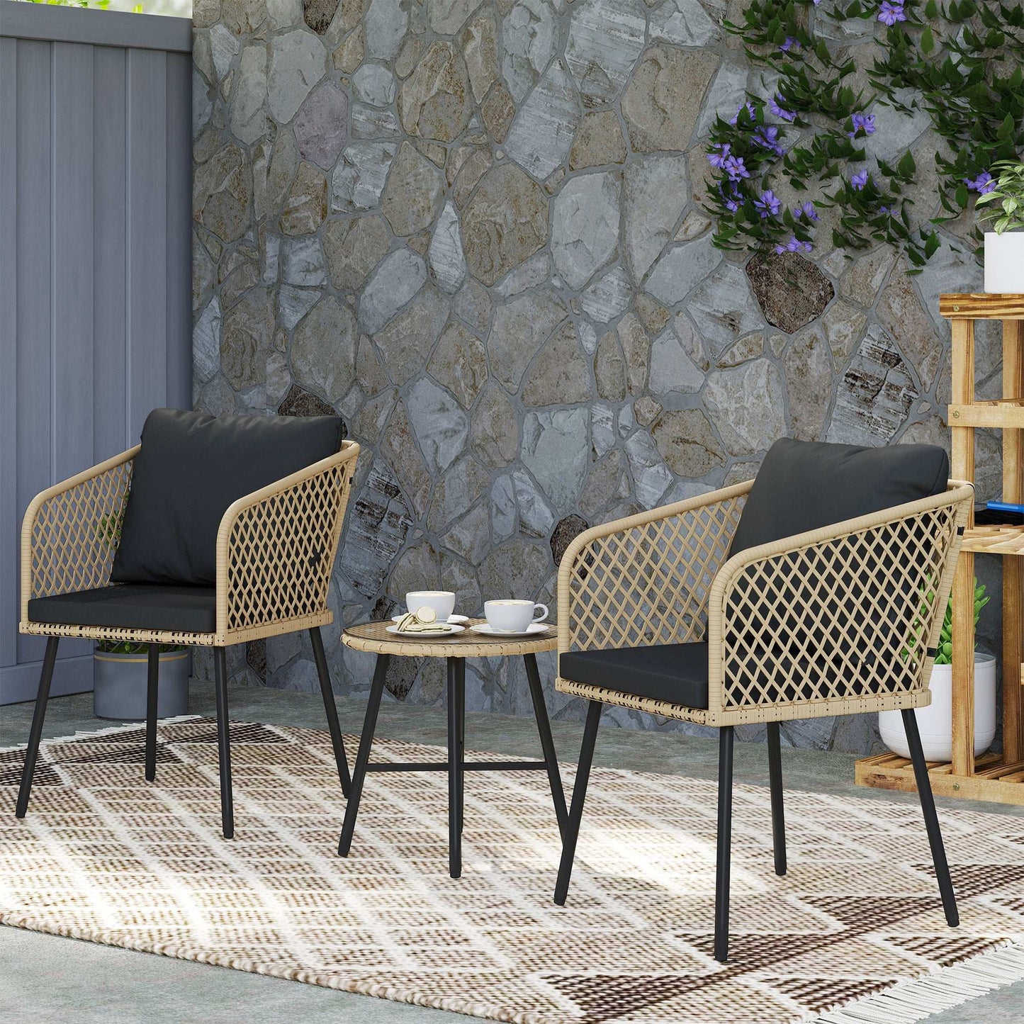 Outsunny 3 Piece Rattan Bistro Set with 2 Chairs, Tempered Glass Table, Cushions, Adjustable Foot Pads, Nature Wood Finish