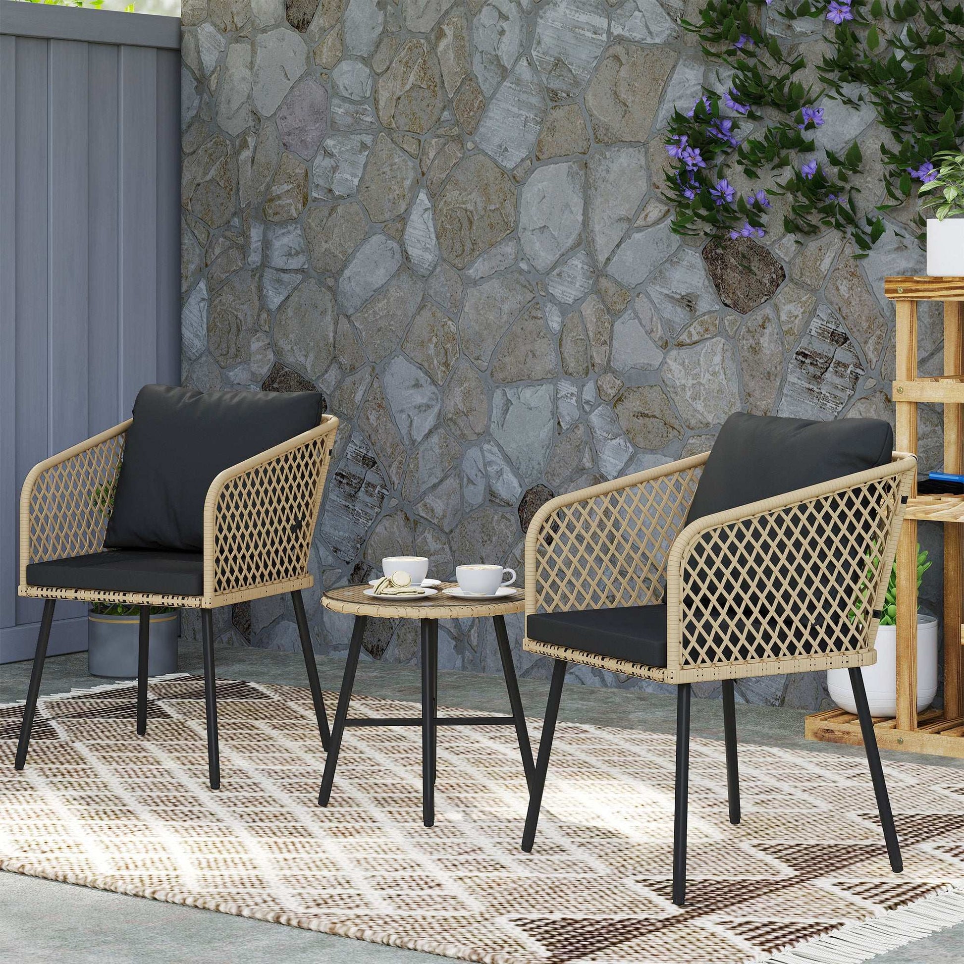 Outsunny 3 Piece Rattan Bistro Set with 2 Chairs, Tempered Glass Table, Cushions, Adjustable Foot Pads, Nature Wood Finish