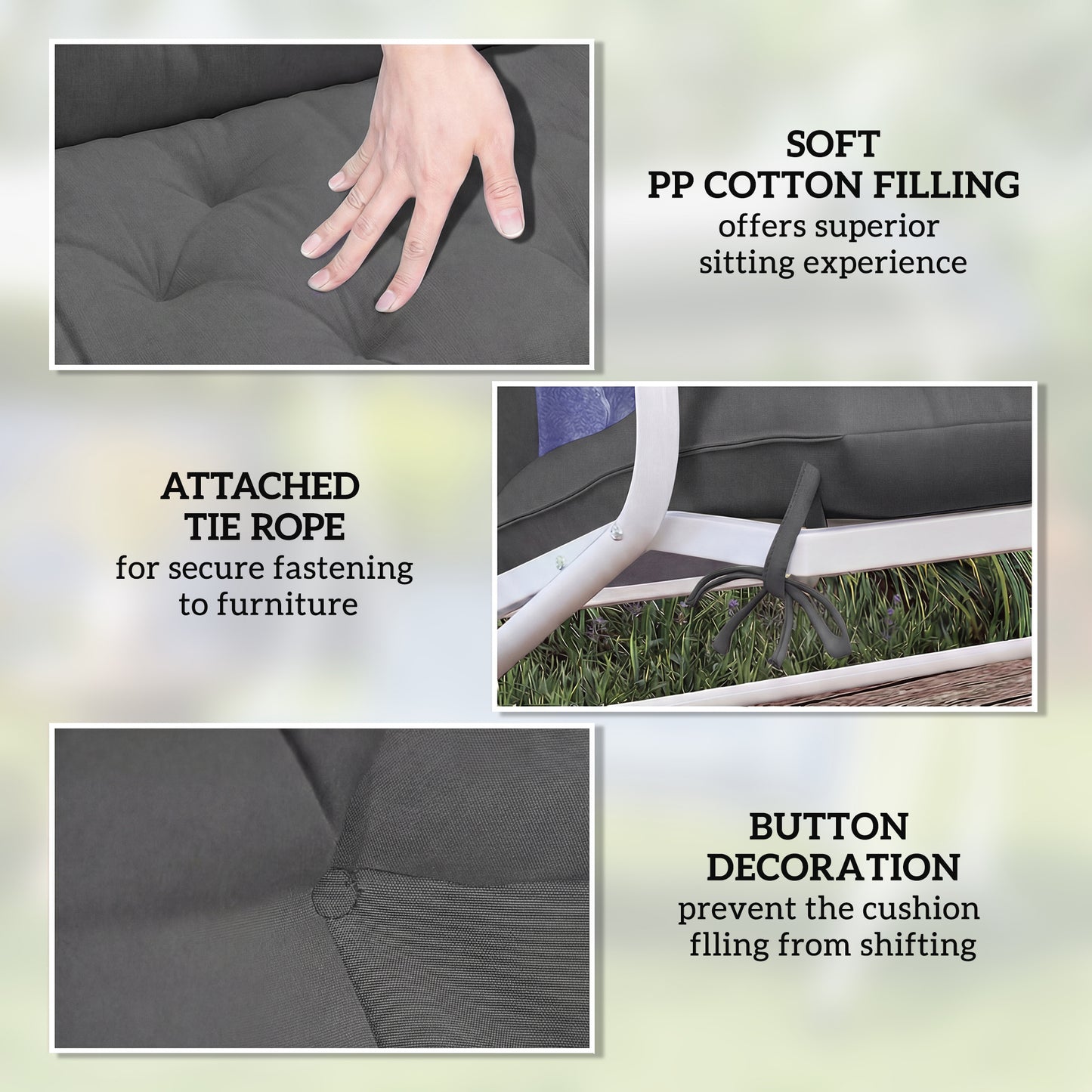 2-Seater Bench & Swing Chair Cushion | 12cm Thick PP Cotton | Tie Fastenings | Water & Stain Resistant | Indoor & Outdoor | 120 x 110cm | Black