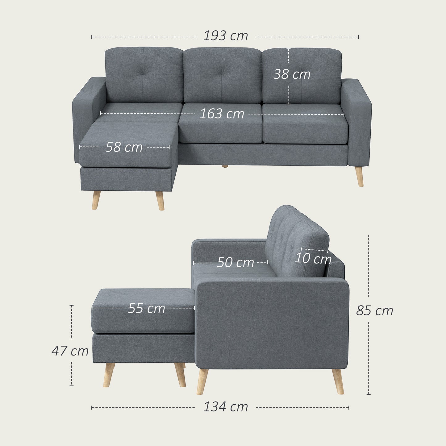 3 Seater Sofa with Footstool, Fabric L-Shaped Sofa, Sectional Couch with Wood Legs, Tufting Cushioned Back for Small Space, Living Room, Office,