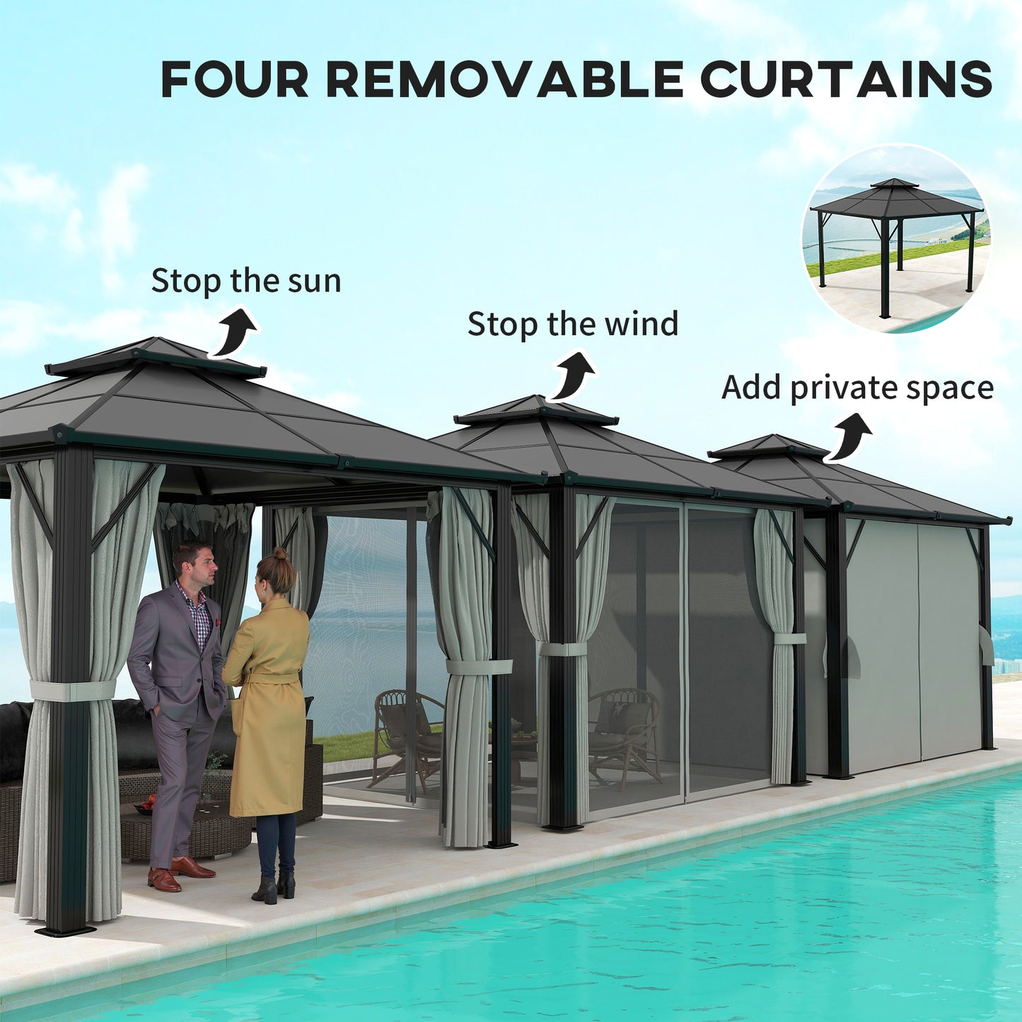 3 x 3(m) Hardtop Gazebo Canopy with UPF30+ Double Polycarbonate Roof, Aluminium Frame Garden Gazebo Permanent Pavilion for Patio, Deck, Grey