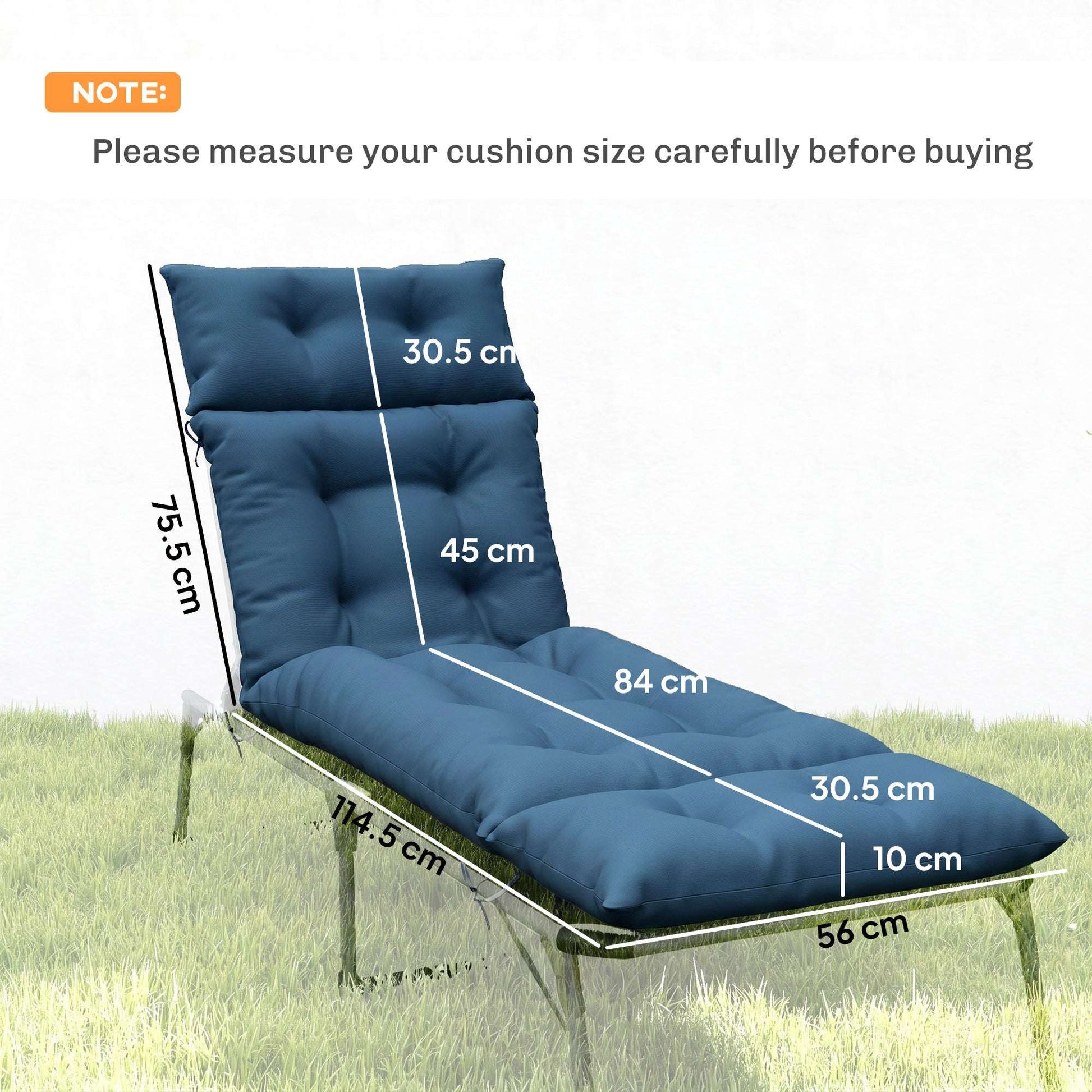 Set of 2 Sun Lounger Cushions | 190x56x10cm | High-Resilience PP Foam | UPF20+ | Fade & Splash Resistant | 220gsm Polyester | 6 Tie Fastenings | Navy Blue