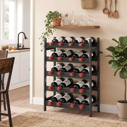 Freestanding Wine Rack | 5-Tier | 20 Bottles | Industrial Steel | Wave Slats | Anti-Tip Strap | Adjustable Feet | Black