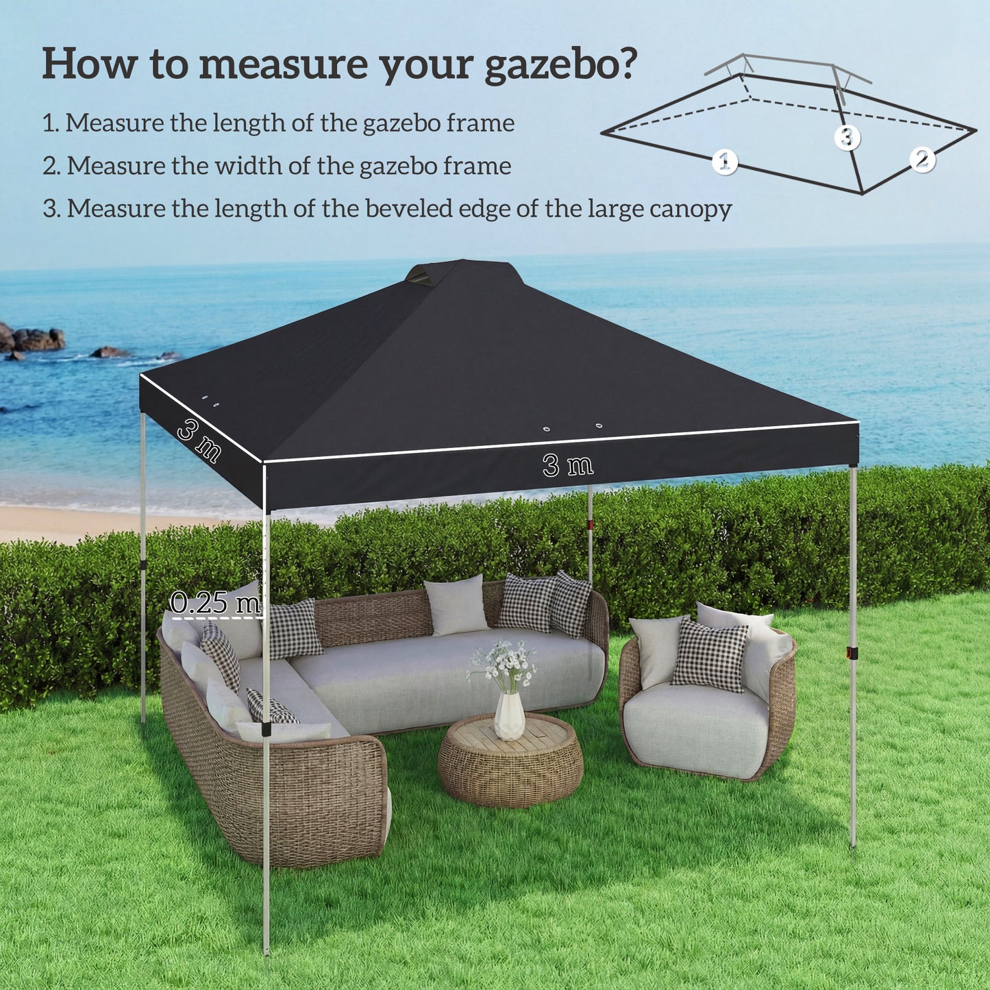 3x3m Gazebo Roof Replacement Canopy | UV50+ Waterproof | 210D Silver-Coated Oxford Fabric | Double Vented | 8 Drainage Holes | Hook & Loop | Fits 3x3m Straight-Leg Frames | Black