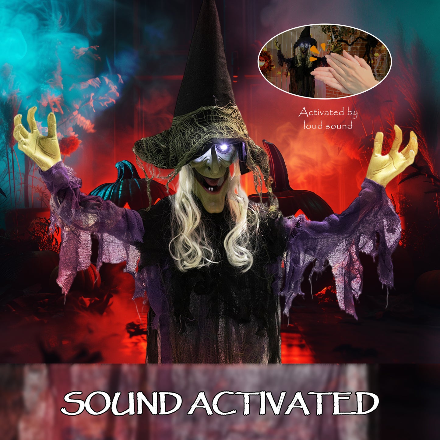 183 cm Life Size Halloween Animated Hanging Witch with Glowing LED Eyes, Spooky Witch Scary Halloween Decorations, Battery Operated, Indoor Party Props