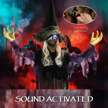 183 cm Life Size Halloween Animated Hanging Witch with Glowing LED Eyes, Spooky Witch Scary Halloween Decorations, Battery Operated, Indoor Party Props